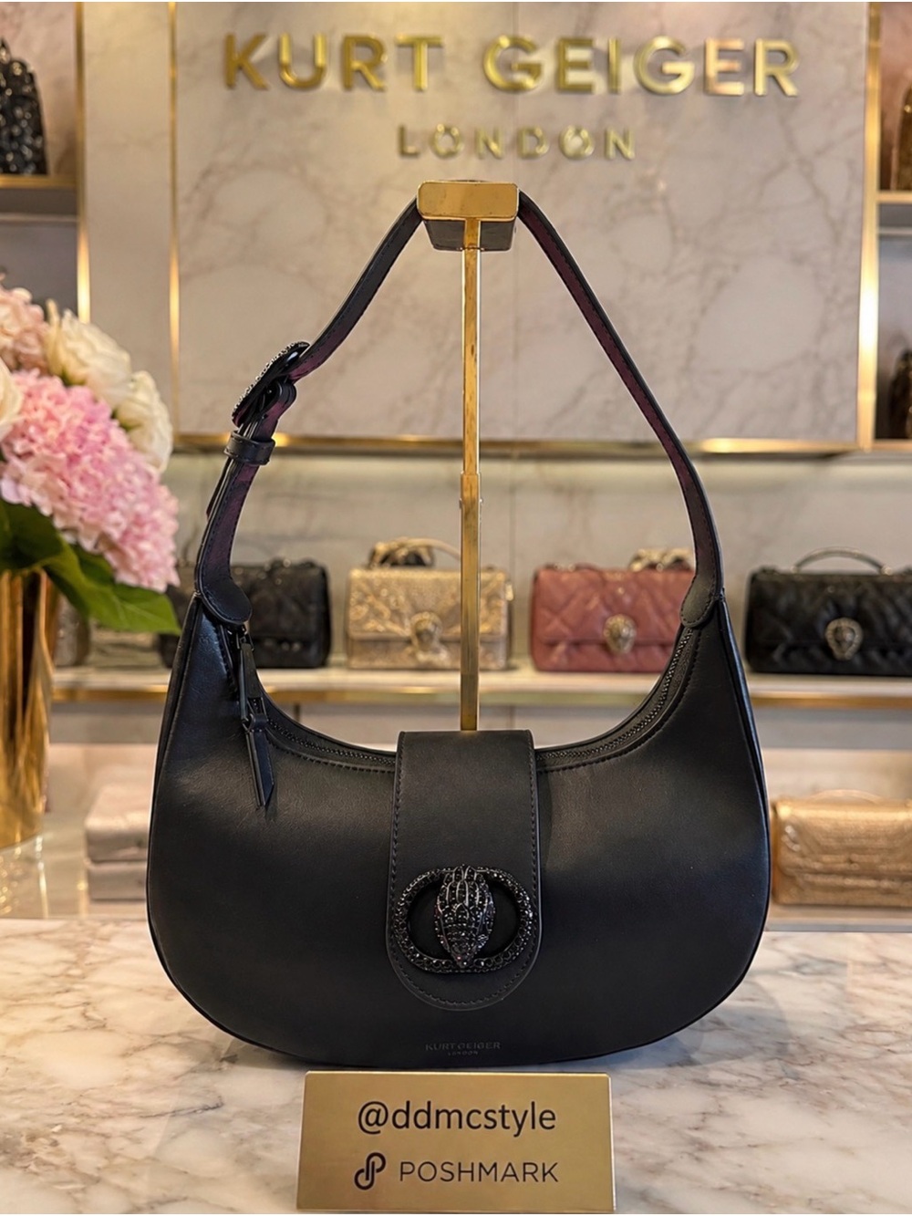Kurt Geiger NWT Black Leather Richmond hobo Bag w Signature Eagle Emblem Clasp